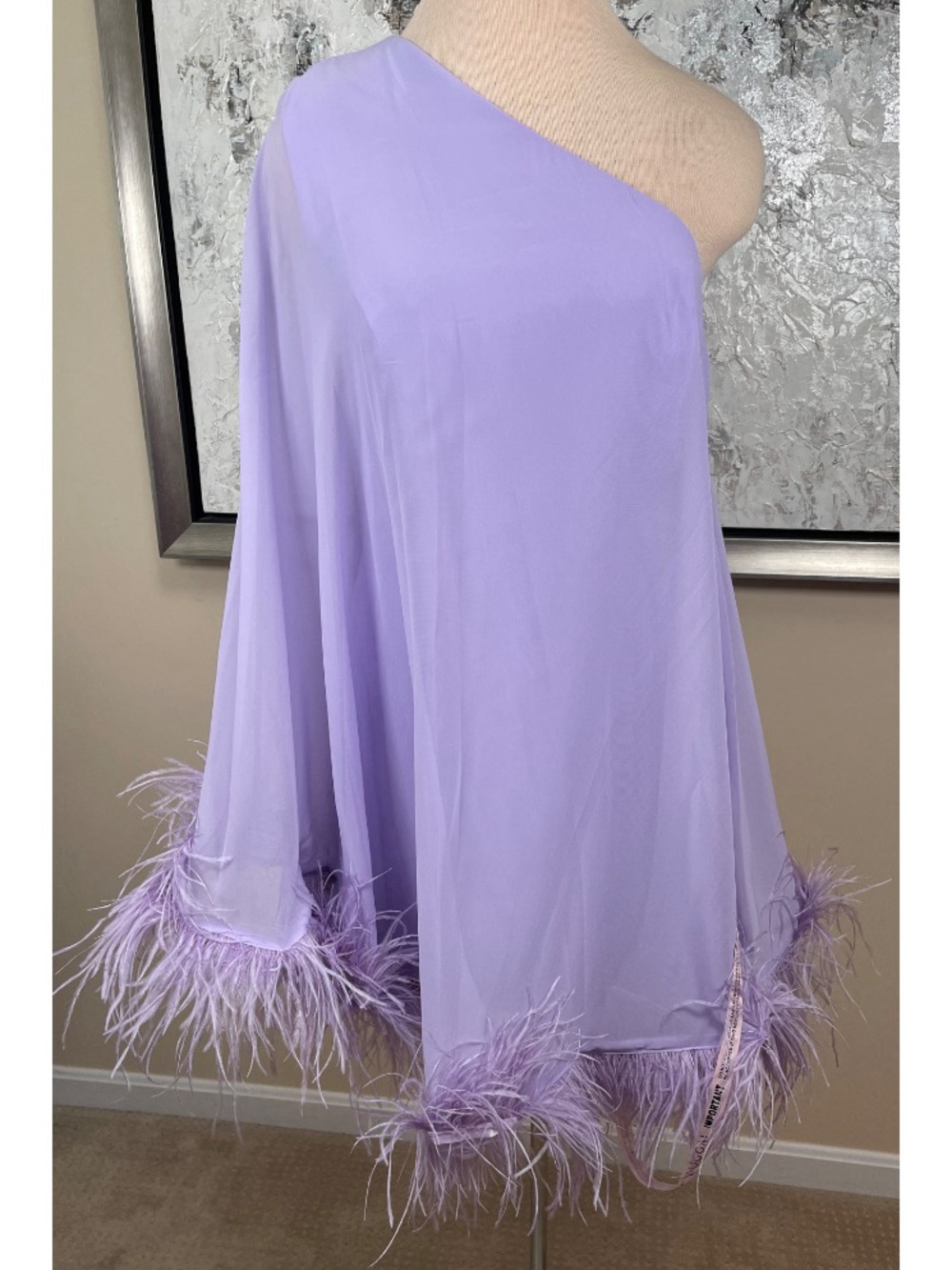 MAC DUGGAL One Shoulder Cape Feather Hem Purple 11623 Mini Dress Size 8 - Picture 2 of 6